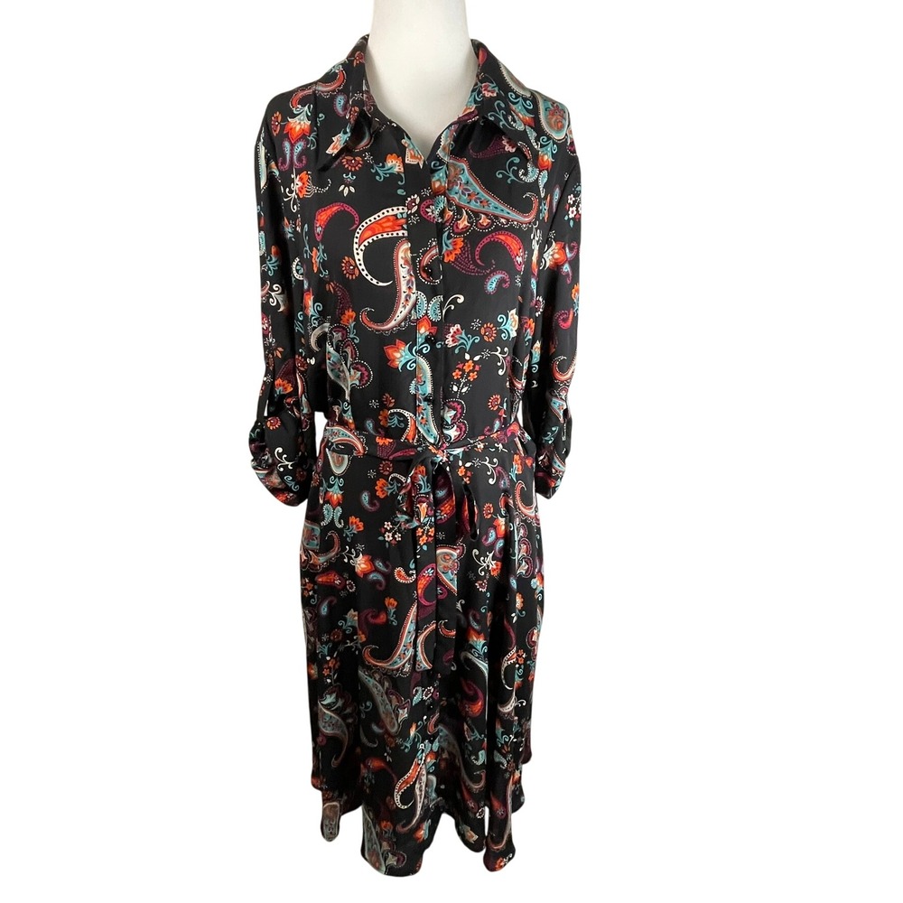 Nanette Lepore Size 14 NWT Paisley Belted Shirt Dress Black Teal Boho Midi